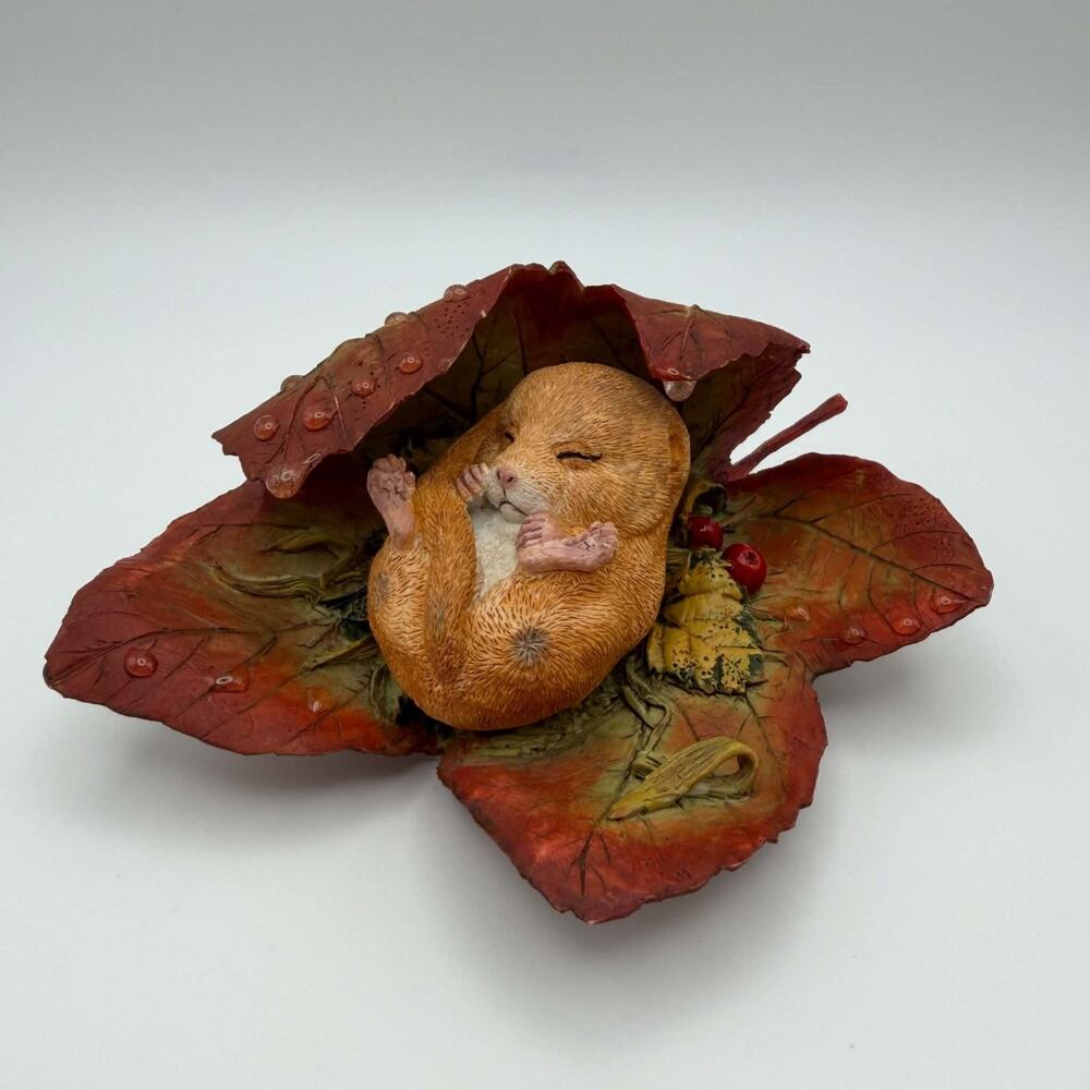Vintage Animal Figurine Tiny Woodland Door Mouse Inside a Red Autumn Leaf